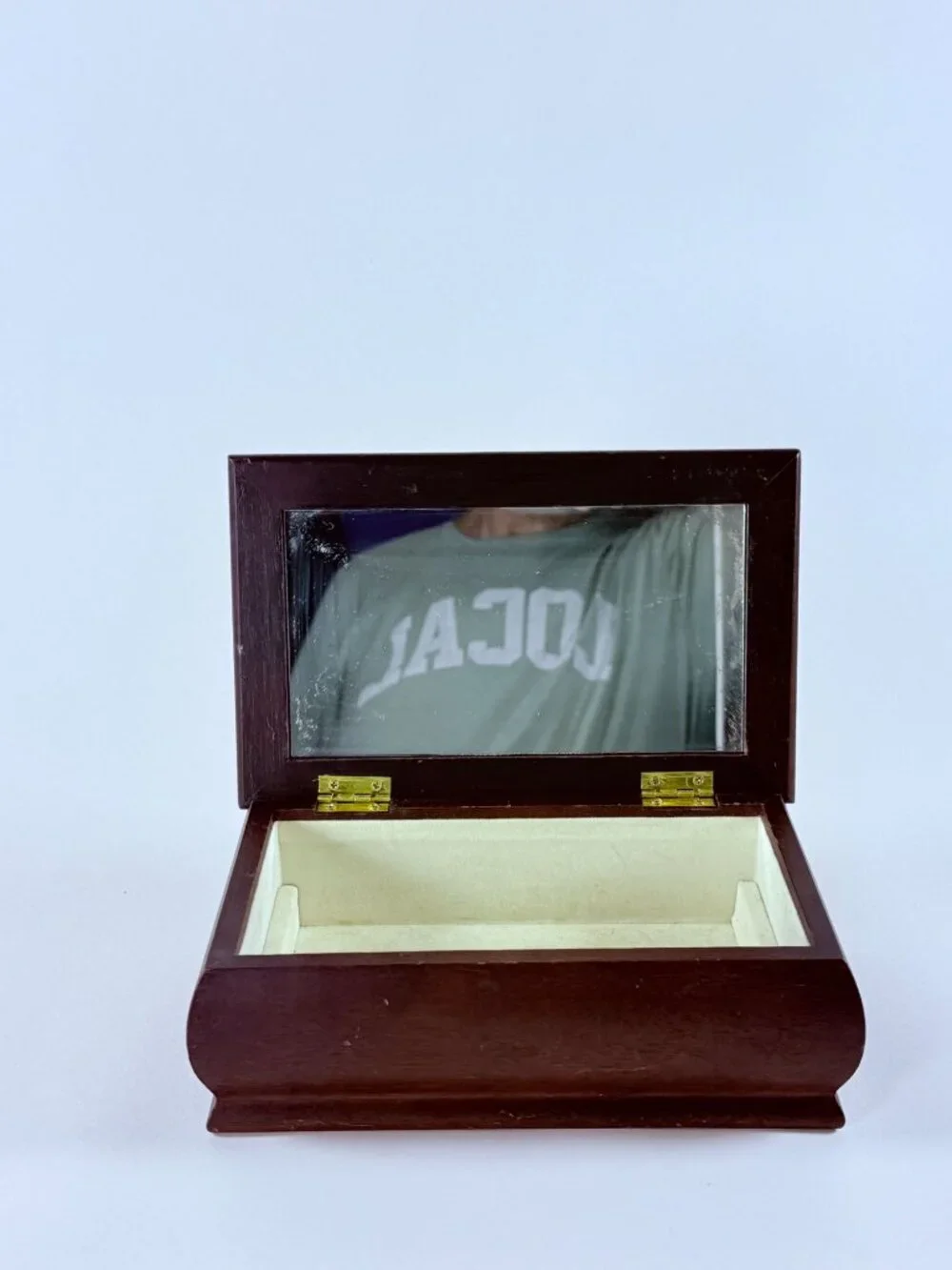 Vintage Wooden Jewelry Box W/Floral Needlepoint Lid Mirror Interior Tray Missing